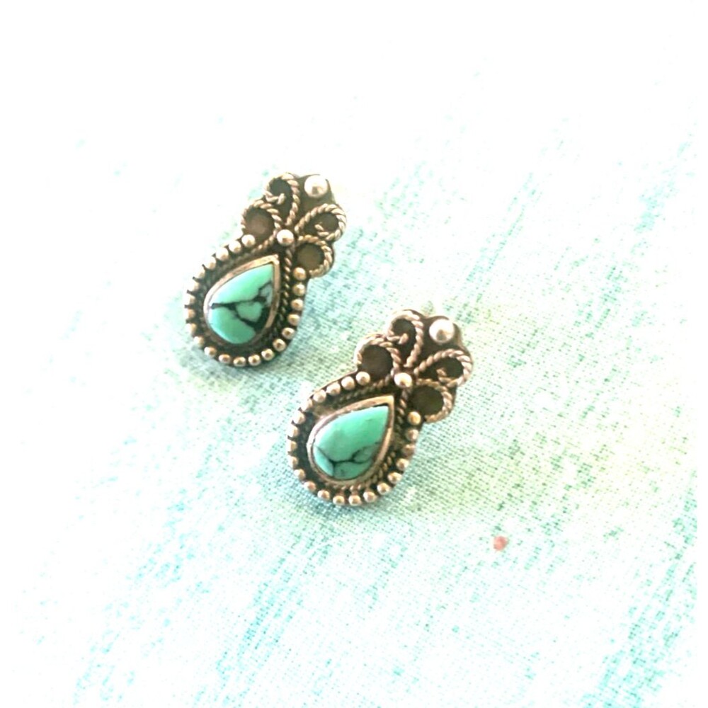 Vintage Signed Ornate Sterling Silver and Turquoise Post Earrings